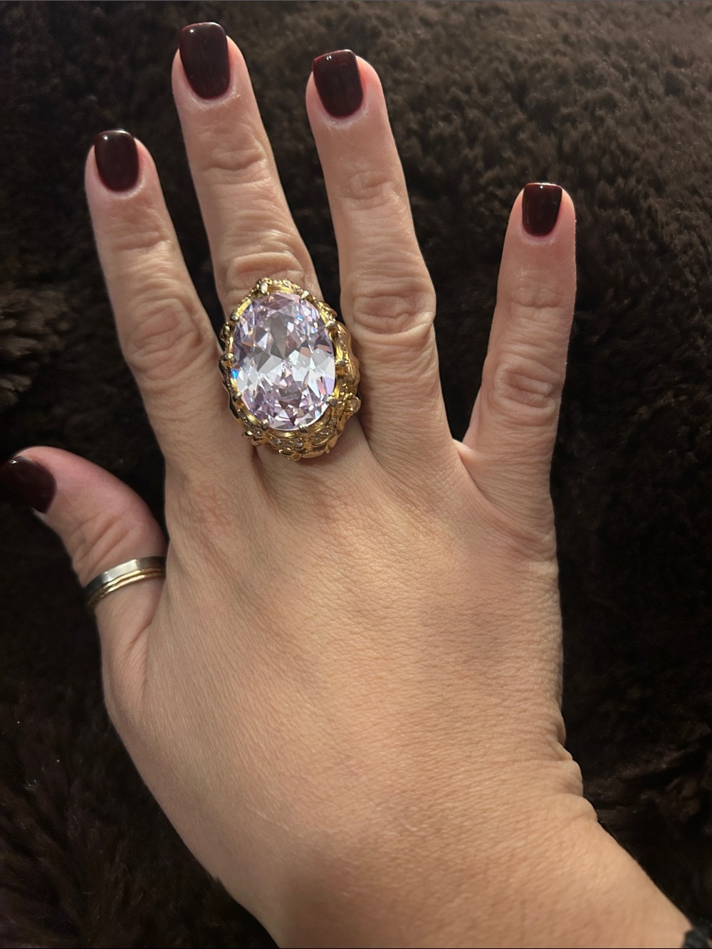 Gold Statement Ring with Large Pale Lilac Crystal